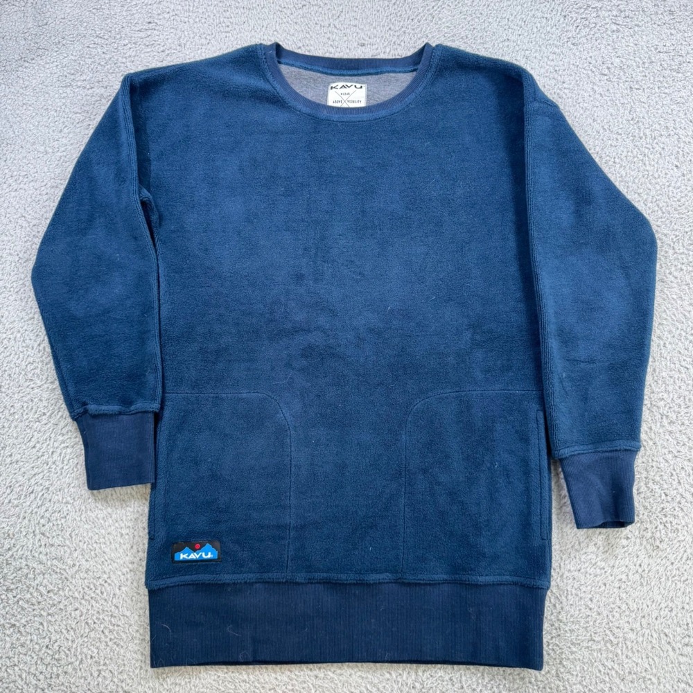 KAVU Women Navy Blue Fleece Crewneck Sweatshirt Long Sleeve Pockets XS